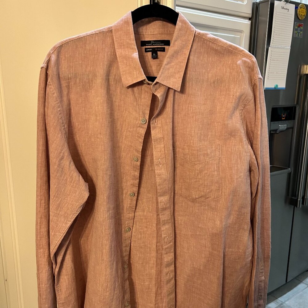 Marc Anthony Luxury Linen Blend Button Up Shirt Pink Heather Slim Fit Men XL